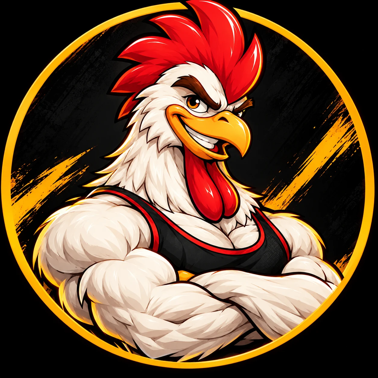 Mascote da BDF, frango branco musculoso de crista vermelha, braços cruzados, sobre fundo escuro e dourado